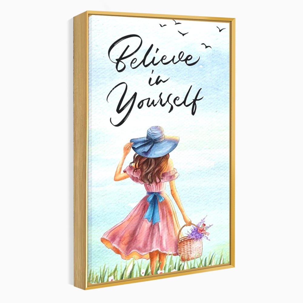 Tablou canvas cu ilustratie cu femeie si mesaj motivational, in rama de aluminiu auriu